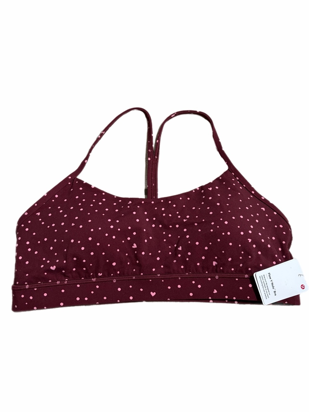 NWT Lululemon Flow Y Bra Nulu (Heart Scatter Dot Burgundy Bay/Candy Cloud) 12